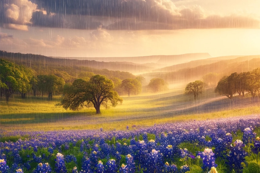 Texas landscape with rain and flowers